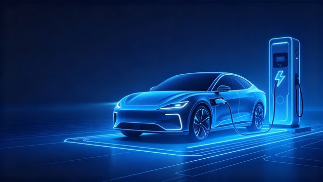 Futuristic Electric Car Charging with Blue Neon Lights