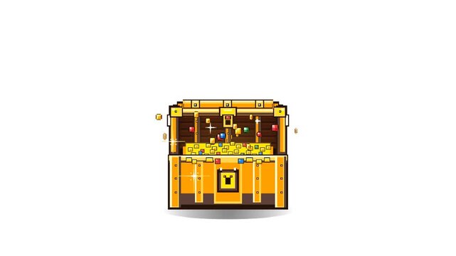 A lavish 16-bit pixel art animation of an ornate dragon-carved golden treasure chest bursting with endless wealth. Watch gold coins and precious gems continuously bubble and overflow in a deterministi