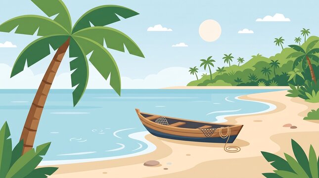 A small wooden fishing boat rests on the sandy shore of a tropical beach landscape