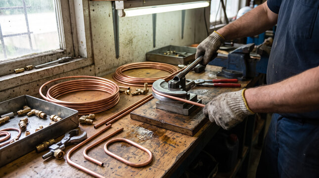 Worker bending copper tube with manual pipe bender tool on workbench in workshop. Concept of narrow, bent, radius, former.