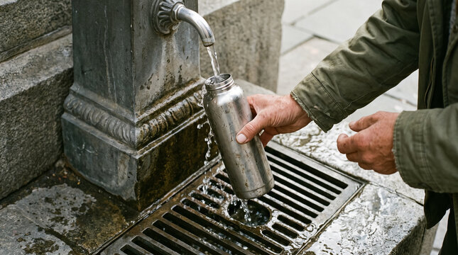 Person filling reusable metal water bottle at public street drinking fountain outdoors. Concept of fills, refilling.