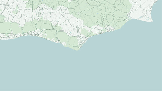 Modern minimalist vector map of Eastbourne, East Sussex, UK. Scalable seaside resort street grid, Beachy Head chalk cliffs, Eastbourne Pier, seafront promenade, and rail route for wall art posters.