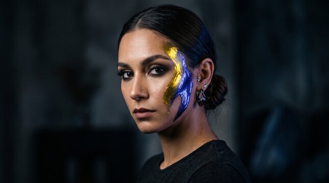 Artistic beauty portrait of woman with metallic face paint, creative gold and blue makeup on female model, dramatic high fashion studio photography