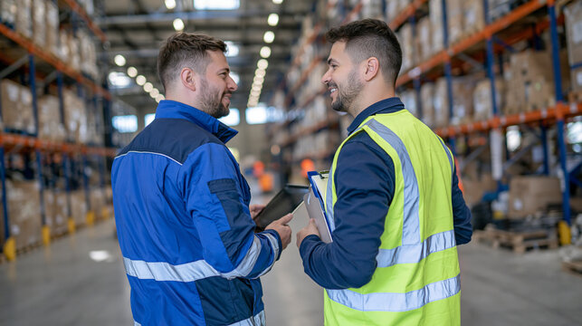 Two warehouse employees seen from behind walking together through a bright modern distribution center, one holding a tablet while the other carries a clipboard, logistics teamwork and inventory mana
