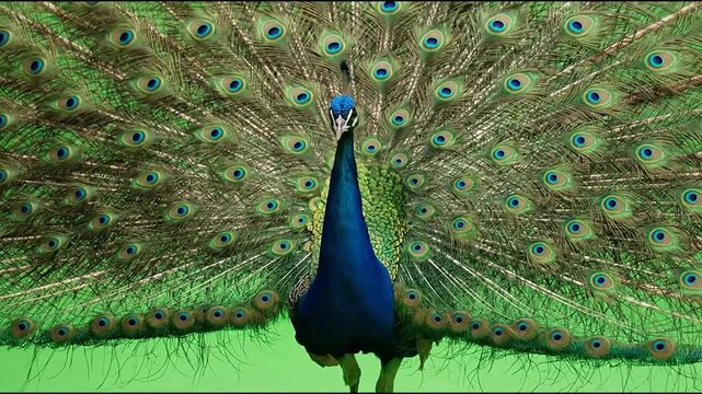 Majestic Peacock Displaying Vibrant Feathers on Green Screen Background