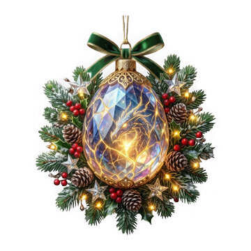 Ornate dragon egg Christmas ornament, crystal fantasy bauble, festive wreath with pine and lights
