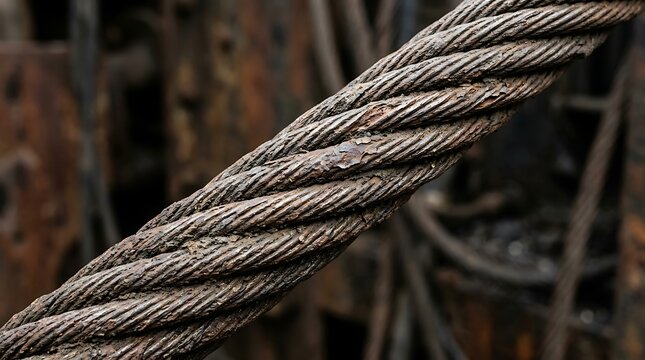 Heavy duty rusted steel wire rope showing weathered metal cable strands