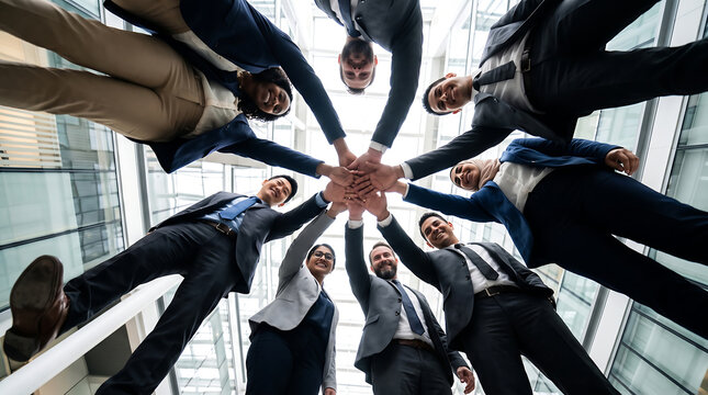 Diverse business professionals in formal attire standing in a circle stacking hands together as a symbol of unity and teamwork in a modern office
