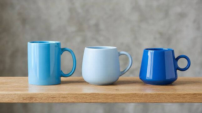 Three different shades of blue ceramic coffee mugs sitting on a rustic wooden shelf against concrete wall