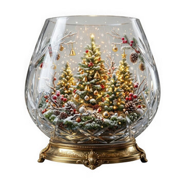 Elegant Christmas snow globe, crystal glass terrarium with miniature trees, festive holiday decor