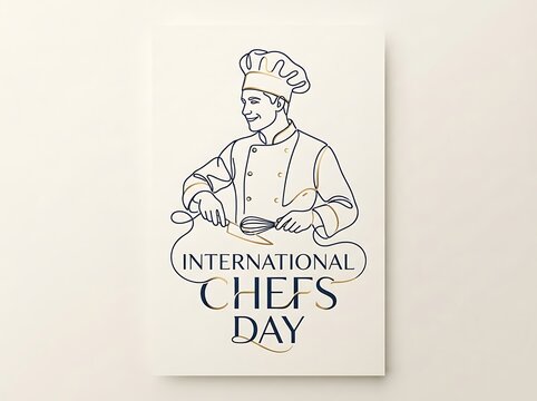 International chefs day line art illustration featuring a professional chef in uniform with a whisk, elegant minimalist design for culinary events and posters