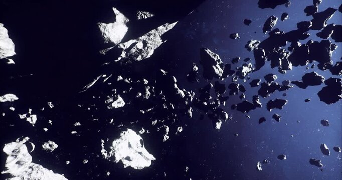 scattered debris field spanning vast expanse of space after collision, glowing ejecta and fractured masses drift outward violent past event, dynamic