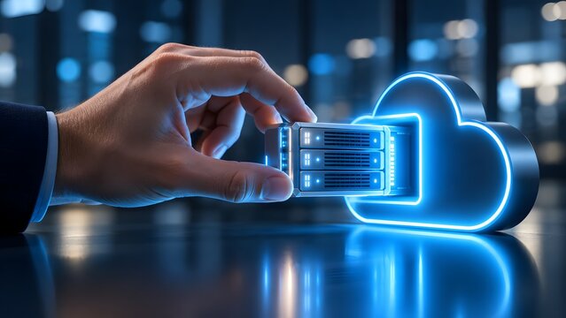 Corporate professional inserting physical server hard drive into glowing blue hybrid cloud computing icon on office desk illustrating data migration and digital backup.
