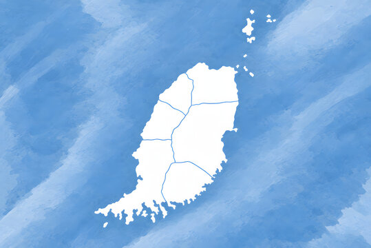 Grenada Political Map with Parish Boundaries on Blue Watercolor Background