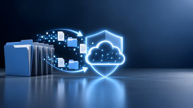 Digital files transferring from physical blue folder into glowing cloud computing network with security shield indicating safe data migration and encrypted backup.