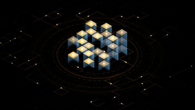 Futuristic isometric 3D glowing blockchain network data cube loop animating on black background