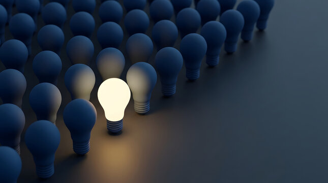 A single bright glowing light bulb standing out among rows of dark blue bulbs, representing innovation, leadership, and a brilliant business idea in a minimalist 3D render style.