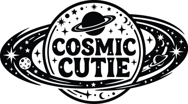 Cosmic Cutie Logo: A stylized planet with rings, stars, and galaxies encircles the text COSMIC CUTIE in a celestial, retro design, perfect for branding or graphic projects.