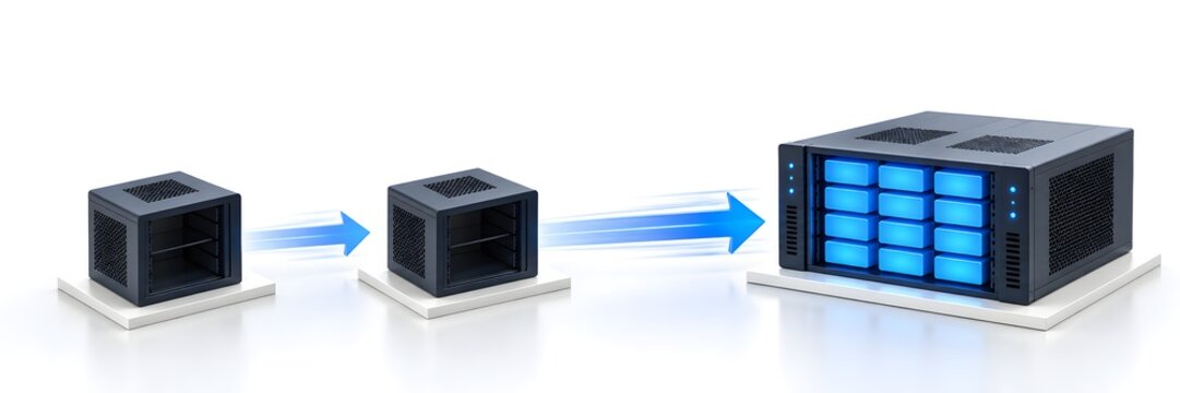 Centralized server infrastructure showing digital data migration and capacity scaling from small network nodes to main storage unit for business backup.