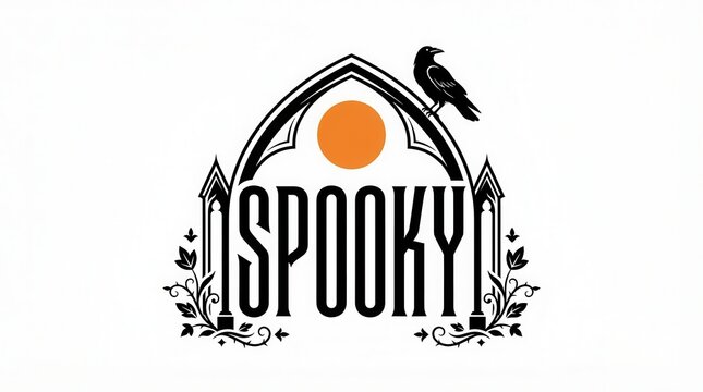 Spooky gothic arch logo with orange moon and black raven on white background.