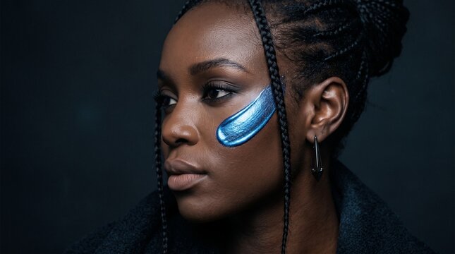 Artistic beauty portrait of a Black woman with blue metallic face paint, braided hairstyle with creative makeup, moody studio lighting on dark background