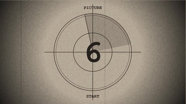 Retro vintage film projector countdown featuring classic leader graphics, sepia tones, film grain, jitter, and a dramatic film burn transition to a Happy New Year celebration.