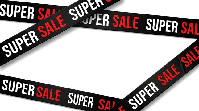 Black ribbons with super sale text forming a frame on a white background for promotional design
