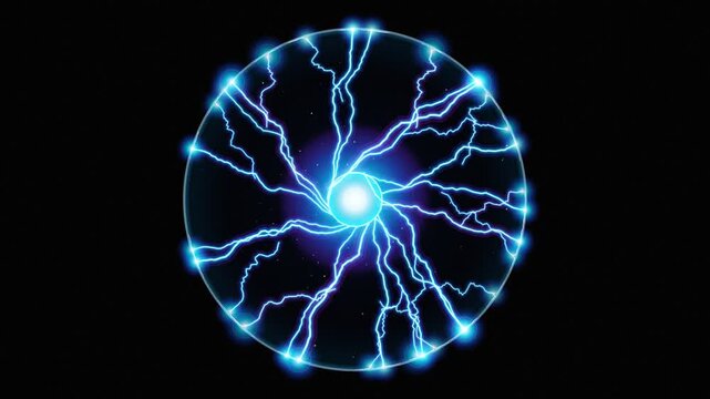 Blue plasma ball with electric discharges and lightning bolts. 4K Video