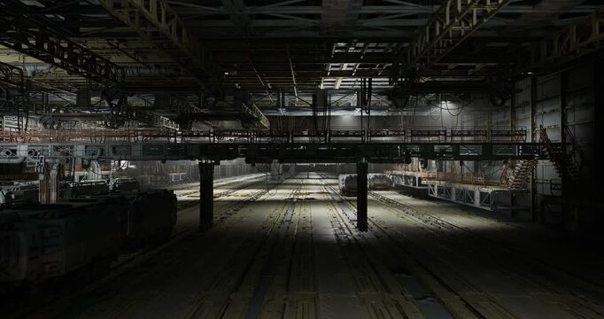 wide cinematic overhead view of transit depot showing symmetrical rows of trains, repeating tracks, dramatic lighting and industrial architecture moody