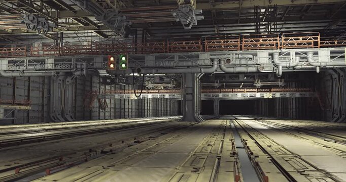 signal lit docking bay with green status lights and clear approach lanes, berth markers and alignment guides on floor, sensor arrays and guidance beacons