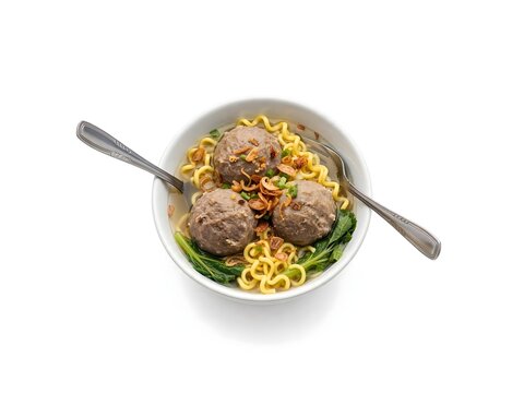 Indonesian Bakso Beef Meatball Noodle Soup in White Bowl Top View