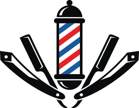Classic barbershop emblem featuring a traditional striped barber pole surrounded by sharp vintage straight razors vector