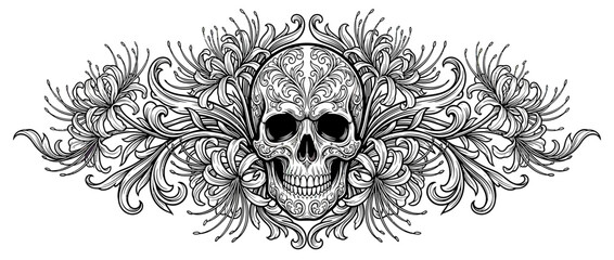 Fototapeta premium Ornate Skull with Floral Garland, Black and White