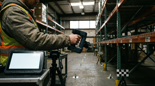 Specialist scanning warehouse facility geometry with handheld 3d lidar scanner and calibration targets. Concept of mapping, measurement.