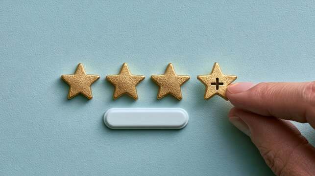 Hand placing fourth golden star rating quality review customer satisfaction feedback concept minimal turquoise background
