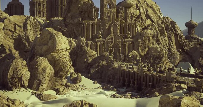 sunlit fortress facade carved into cliff with long colonnade and dramatic perspective, deep shadows sculpting arches and buttresses, ideal for drone survey,