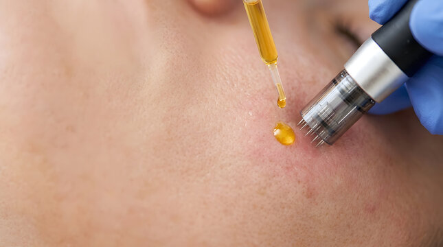 Close up of microneedling facial treatment with yellow serum drop. Dermatologist using dermapen for skin rejuvenation and collagen induction therapy