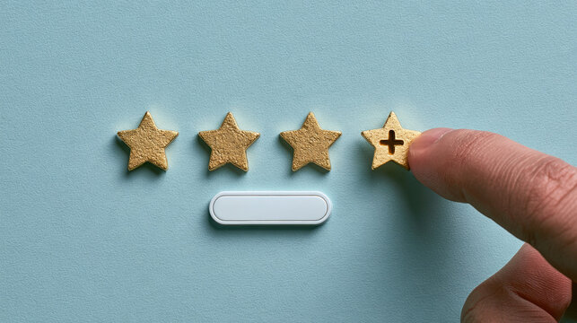 Hand placing fourth golden star rating quality review customer satisfaction feedback concept minimal turquoise background