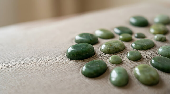 Close up of green jade stones embedded in textured heating mat. Macro view of alternative therapy equipment for pain relief and wellness