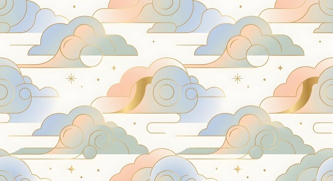 Pastel seamless cloud pattern background with elegant gold line art, Japanese and Art Deco style clouds with sparkles on off-white background for wallpaper, packaging, and textile design.