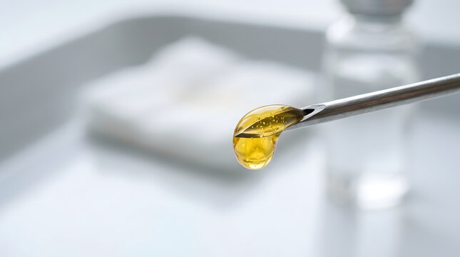 Extreme close up of golden liquid drop on medical needle tip. Macro view of viscous serum or medication injection for healthcare treatment