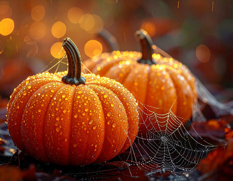 雨の日の幻想的なカボチャと蜘蛛の巣のハロウィン背景