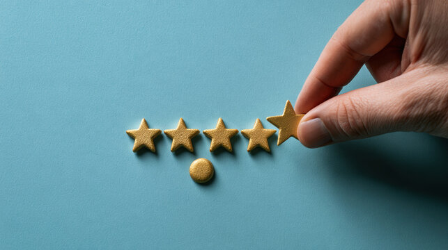 Hand placing third wooden star three star rating customer review feedback minimal turquoise background concept