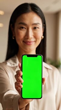 A woman presents a smartphone with a clean green screen in a modern vertical advertising scene.