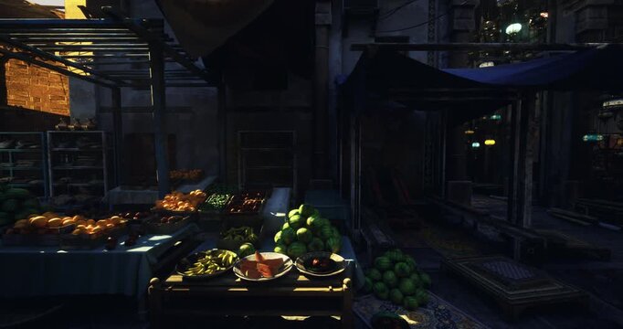 Nighttime market stall illuminated by lamps, rows of fruits and vegetables on wooden crates and metal tables, warm amber light casting deep shadows, wet