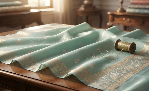 Hyper-realistic ultra-high-definition studio photograph of a luxurious pastel teal-green Chanderi Silk fabric with delicate gold and silver zari checks and paisley motifs, artfully draped on a polishe
