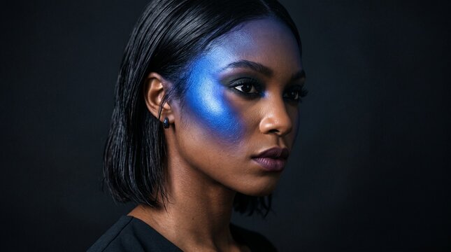 Avant-garde blue makeup on black woman, artistic editorial beauty portrait with neon face paint, high fashion model with creative blue eyeshadow