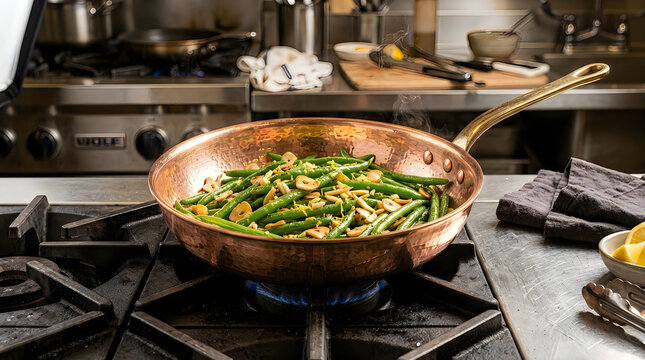Fresh green asparagus spears being saut ed in a professional copper pan on a commercial gas stove