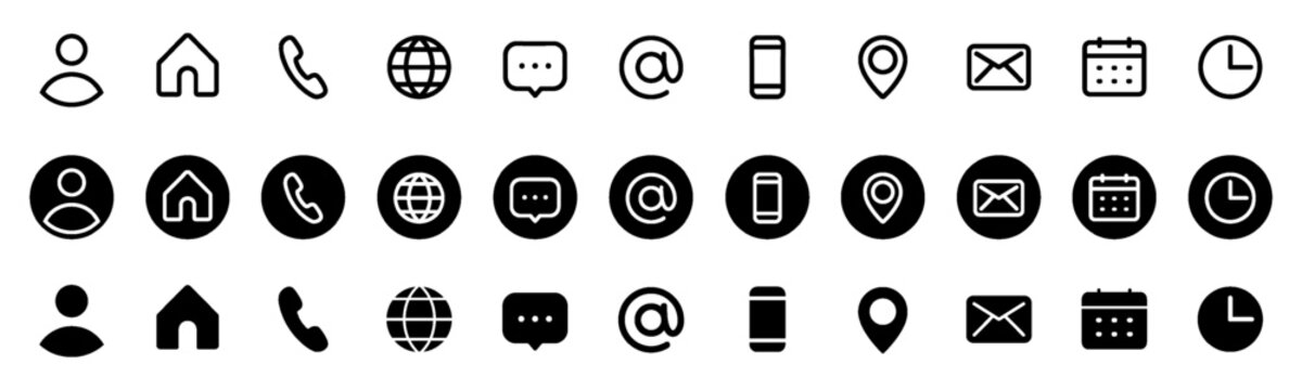 Business card contact icons set. Contact us icon set. Containing communication symbol for business card and web in line and solid circle style