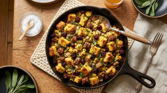 Delicious homemade stuffing with herbs and vegetables served in a rustic cast iron skillet on wooden table
